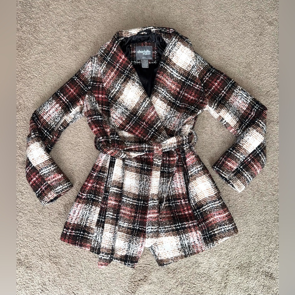Charlotte Russe Plaid Wrap Coat Medium M Brown White Rust Belted Pea Coat Jacket